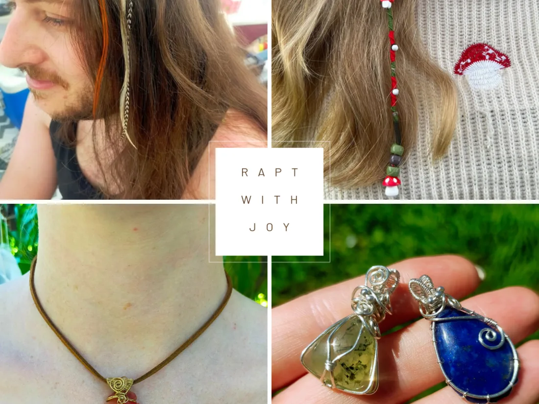 Rapt with Joy collage with jewellery, artwork, and handmade adornment.